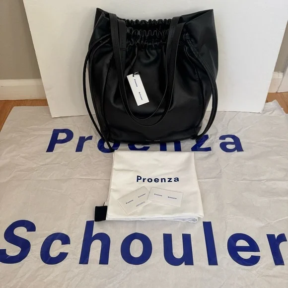 NWT PROENZA SCHOULER Black Leather Drawstring Tote Bag With Detachable Zip Pouch - Picture 5 of 16
